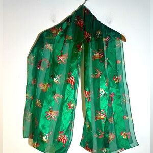 Festive Green Sheer Scarf with Holiday Print